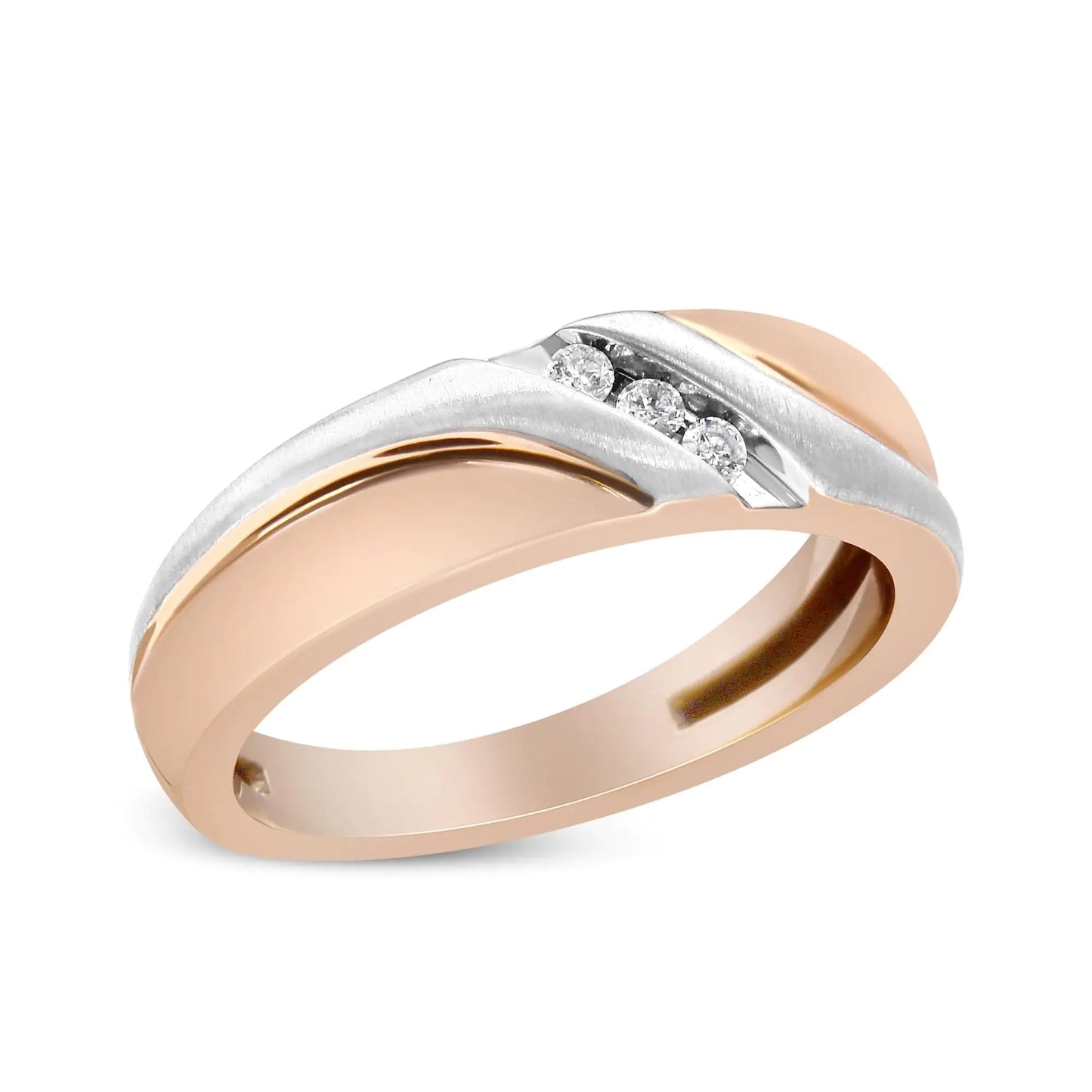 10K White and Rose Gold 1/10 Cottew 3-Stone Tension Slant Band Matte Finish Ring for Men (I-J Color, I2-I3 Clarity)