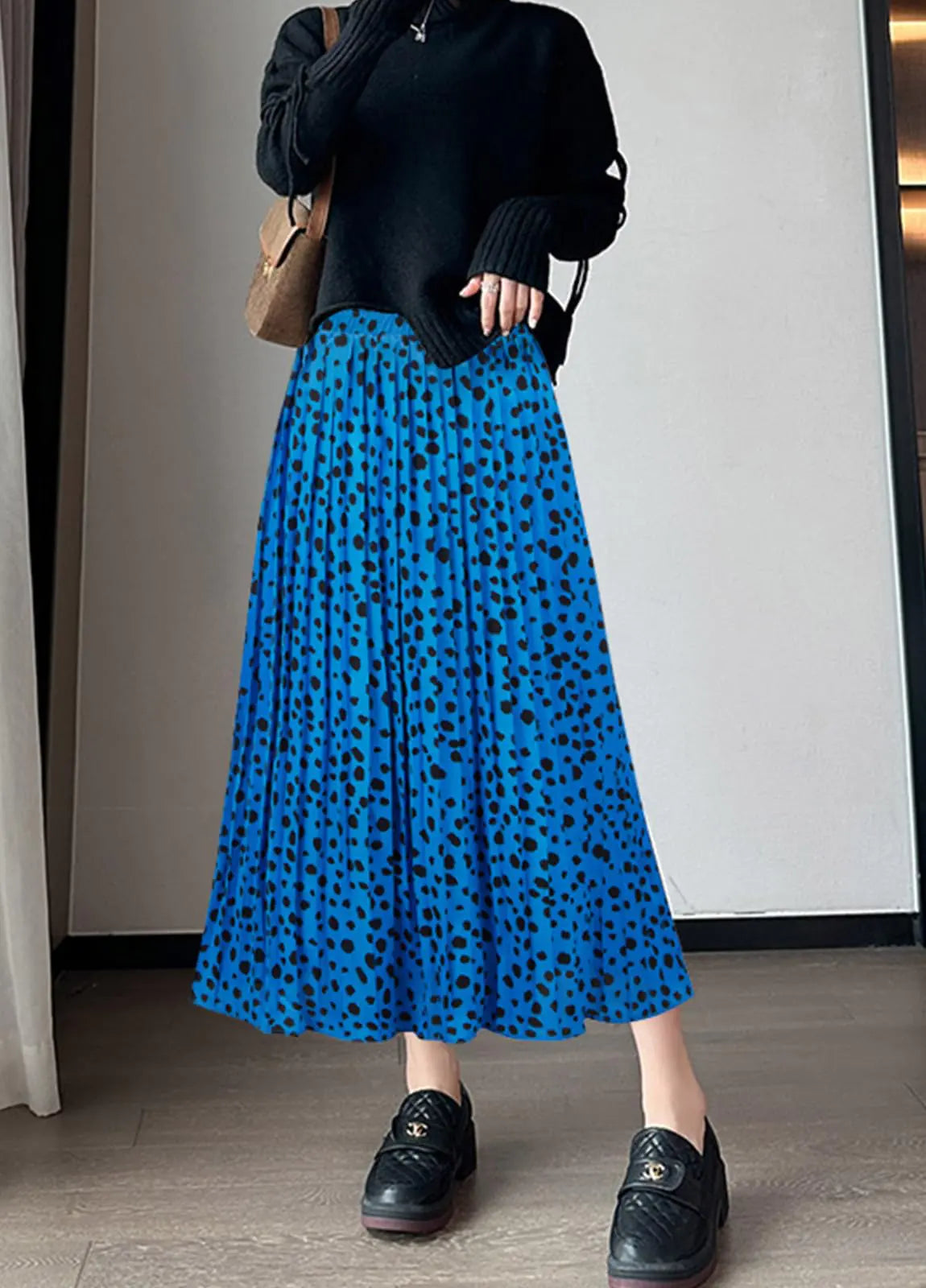 Womens Skirt Leopard Print Midi Long Shirring Skirts High Waisted A Line Skirts XX-Large A-leopard Blue